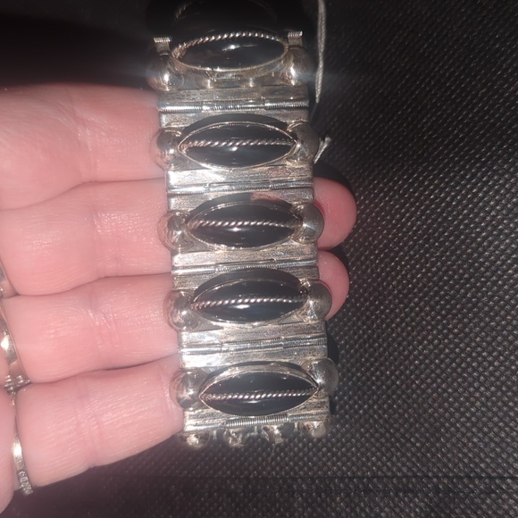 CHUNKY Vintage Mexican Sterling & Onyx Bracelet 1940s Brutalist - Picture 2 of 12